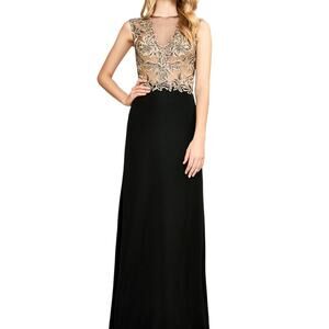 Tadashi Shoji Amel Evening Gown Black & Gold Embroidered Mesh Illusion Size 10